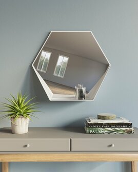 Gorillz Hive Wandspiegel met Plank - Hexagon Spiegel Hangend - 60 x 52 cm - Metaal Wit