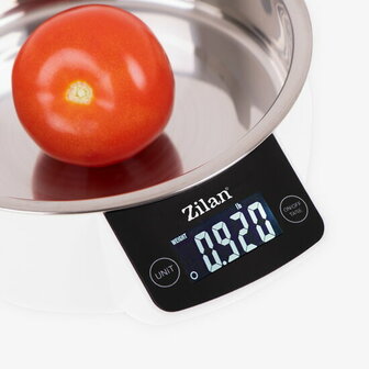 Zilan Digitale Keukenweegschaal met RVS Kom 5kg &ndash; Elektronische Voedselweegschaal met Tare Functie, LCD Display, Gram Nauwkeurig, Inclusief 900ml RVS Mengkom