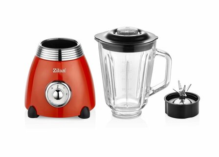 Zilan ZLN7057 Retro Blender &ndash; 1,5L Glazen Kan &ndash; 500W &ndash; 2 Snelheden + Pulse &ndash; RVS Mes &ndash; Rood