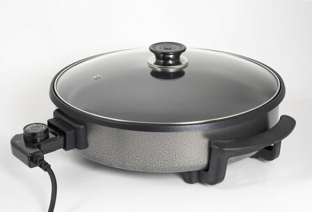 Hapjespan met Deksel - Elektrisch/ Pizza maker 38 cm &ndash; 1500 W &ndash; Anti-aanbaklaag &ndash; Thermostaat &ndash; BPA &amp; PFAS Vrij
