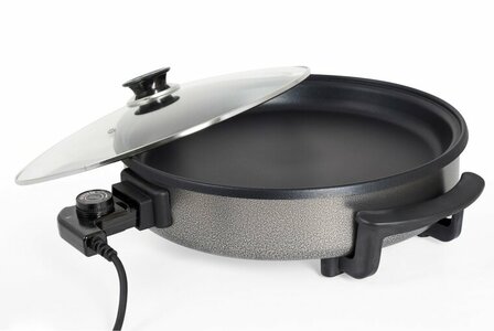 Hapjespan met Deksel - Elektrisch/ Pizza maker 38 cm &ndash; 1500 W &ndash; Anti-aanbaklaag &ndash; Thermostaat &ndash; BPA &amp; PFAS Vrij
