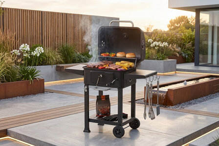 Houtskool Barbecue met Deksel en Wielen &ndash; Verrijdbare BBQ Grill &ndash; Thermometer &ndash; Verstelbare Kolenlade &ndash; Zijtafels &ndash; 54 x 42,5 cm Grillrooster
