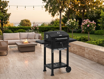 Houtskool Barbecue met Deksel en Wielen &ndash; Verrijdbare BBQ Grill &ndash; Thermometer &ndash; Verstelbare Kolenlade &ndash; Zijtafels &ndash; 54 x 42,5 cm Grillrooster