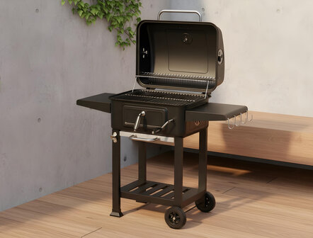 Houtskool Barbecue met Deksel en Wielen &ndash; Verrijdbare BBQ Grill &ndash; Thermometer &ndash; Verstelbare Kolenlade &ndash; Zijtafels &ndash; 54 x 42,5 cm Grillrooster