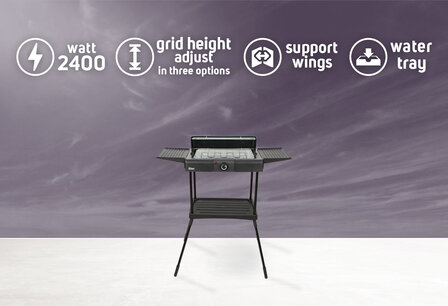 Zilan Staande Elektrische Barbecue &ndash; 2400W BBQ met Waterbak, Windscherm &amp; 2 Zijtafels &ndash; In Hoogte Verstelbaar Grillrooster