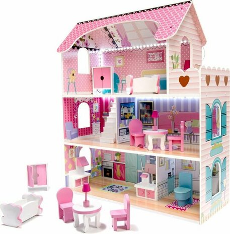 Houten Poppenhuis met LED Verlichting - 79-delig - Roze - 70cm - Inclusief Meubels