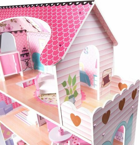 Houten Poppenhuis met LED Verlichting - 79-delig - Roze - 70cm - Inclusief Meubels