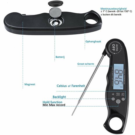 Digitale Thermometer voor Keuken, Koken, Voedsel Melk, Vlees, Oven, BBQ, Water, Thee Voor Binnen en Buiten, Waterdicht, RVS, Ultrasnel Zwart