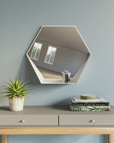 Gorillz Hive Wandspiegel met Plank - Hexagon Spiegel Hangend - 60 x 52 cm - Metaal Wit