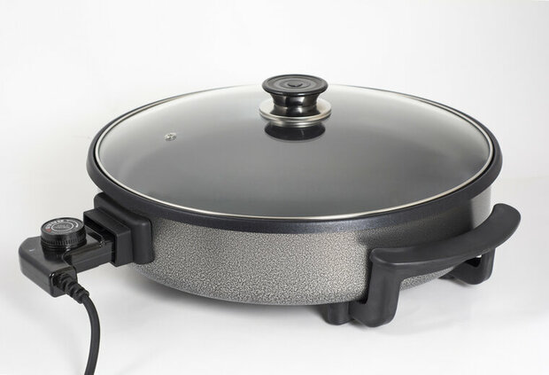 Hapjespan met Deksel - Elektrisch/ Pizza maker 38 cm &ndash; 1500 W &ndash; Anti-aanbaklaag &ndash; Thermostaat &ndash; BPA & PFAS Vrij