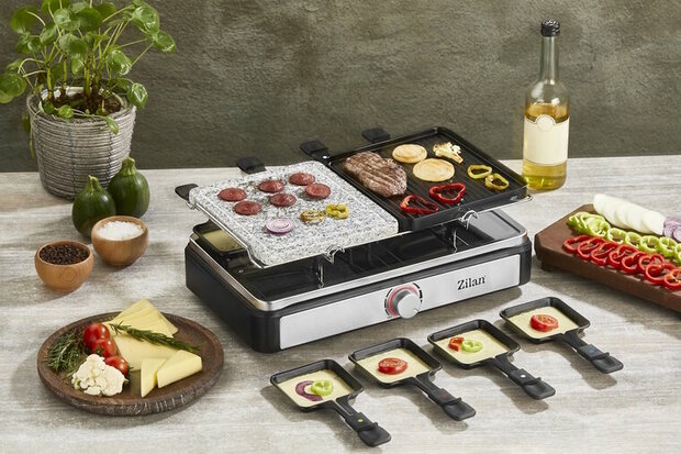 Zilan 2-in-1 Raclette Grill &ndash; Gourmetstel 1400W &ndash; Raclette & Grillplaat &ndash; Voor 8 Personen