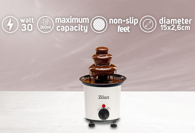 Zilan ZLN2144 Luxe Chocoladefontein &ndash; Chocolade fondue 200 ml &ndash; 30W &ndash; Max. 80 &deg;C &ndash; Compact & Energiezuinig &ndash; Perfect voor Feest, Fondue & Romantische Avonden &ndash; Eenvoudig Schoon te Maken