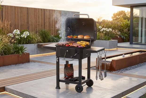 Houtskool Barbecue met Deksel en Wielen &ndash; Verrijdbare BBQ Grill &ndash; Thermometer &ndash; Verstelbare Kolenlade &ndash; Zijtafels &ndash; 54 x 42,5 cm Grillrooster