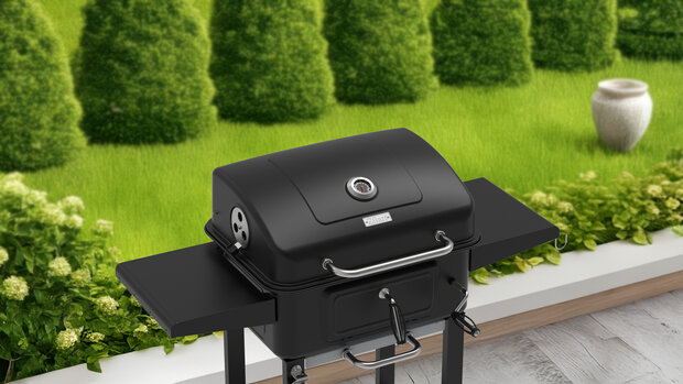 Houtskool Barbecue met Deksel en Wielen &ndash; Verrijdbare BBQ Grill &ndash; Thermometer &ndash; Verstelbare Kolenlade &ndash; Zijtafels &ndash; 54 x 42,5 cm Grillrooster