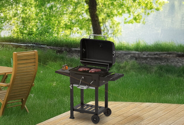 Houtskool Barbecue met Deksel en Wielen &ndash; Verrijdbare BBQ Grill &ndash; Thermometer &ndash; Verstelbare Kolenlade &ndash; Zijtafels &ndash; 54 x 42,5 cm Grillrooster