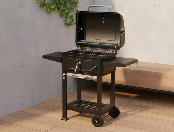 Houtskool Barbecue met Deksel en Wielen &ndash; Verrijdbare BBQ Grill &ndash; Thermometer &ndash; Verstelbare Kolenlade &ndash; Zijtafels &ndash; 54 x 42,5 cm Grillrooster