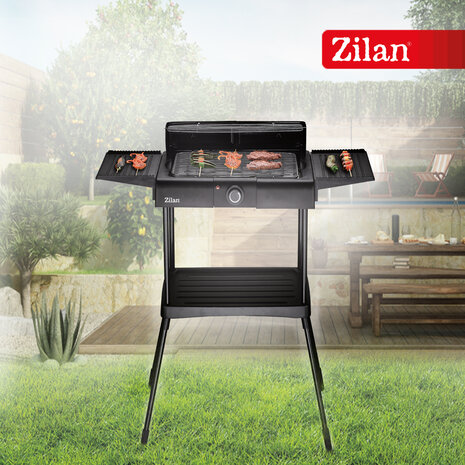 Zilan Staande Elektrische Barbecue &ndash; 2400W BBQ met Waterbak, Windscherm & 2 Zijtafels &ndash; In Hoogte Verstelbaar Grillrooster