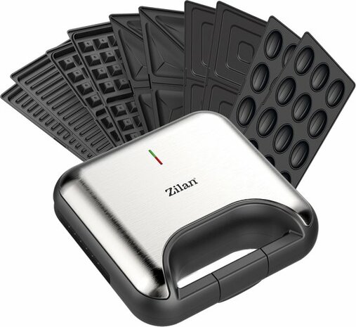 Zilan 5-in-1 Sandwich Maker (800 W) -Grill, Wafel, Panini & Nutty Platen -Non-stick Contactgrill Set -Zwart/Zilver